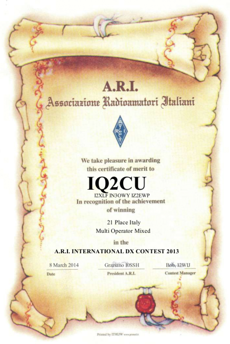 Sezione A.R.I. di Cernusco IQ2CU classificata 21° posto categoria Multi Operatore